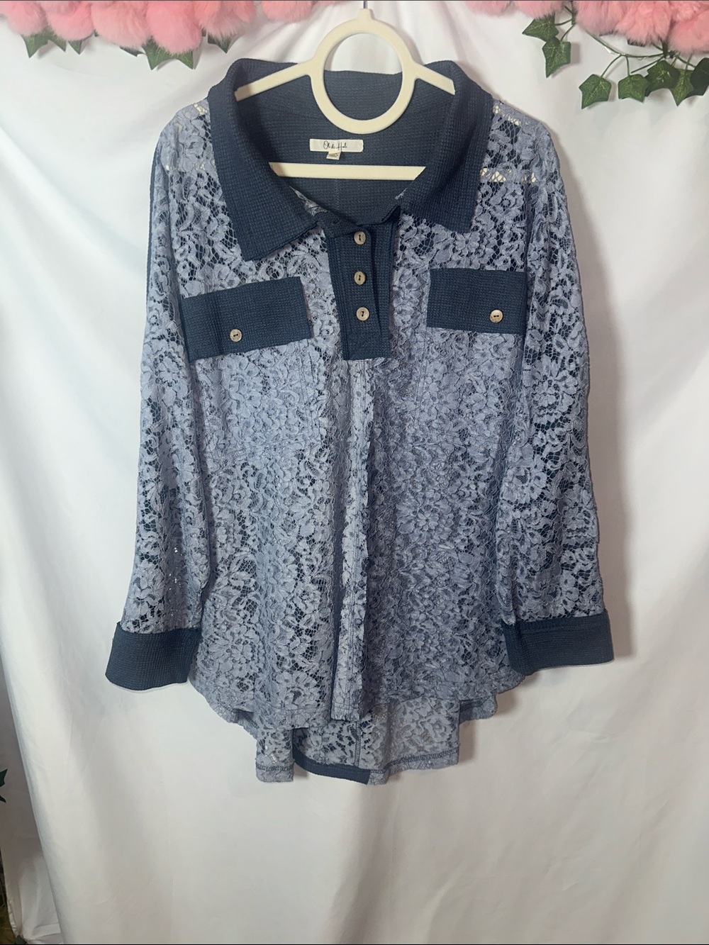 Oli & Hali Navy Lace Button Polo Blouse